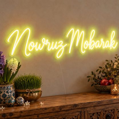 Nowruz Mobarak Neon Sign in yellow LED neon on clear acrylic, angled view