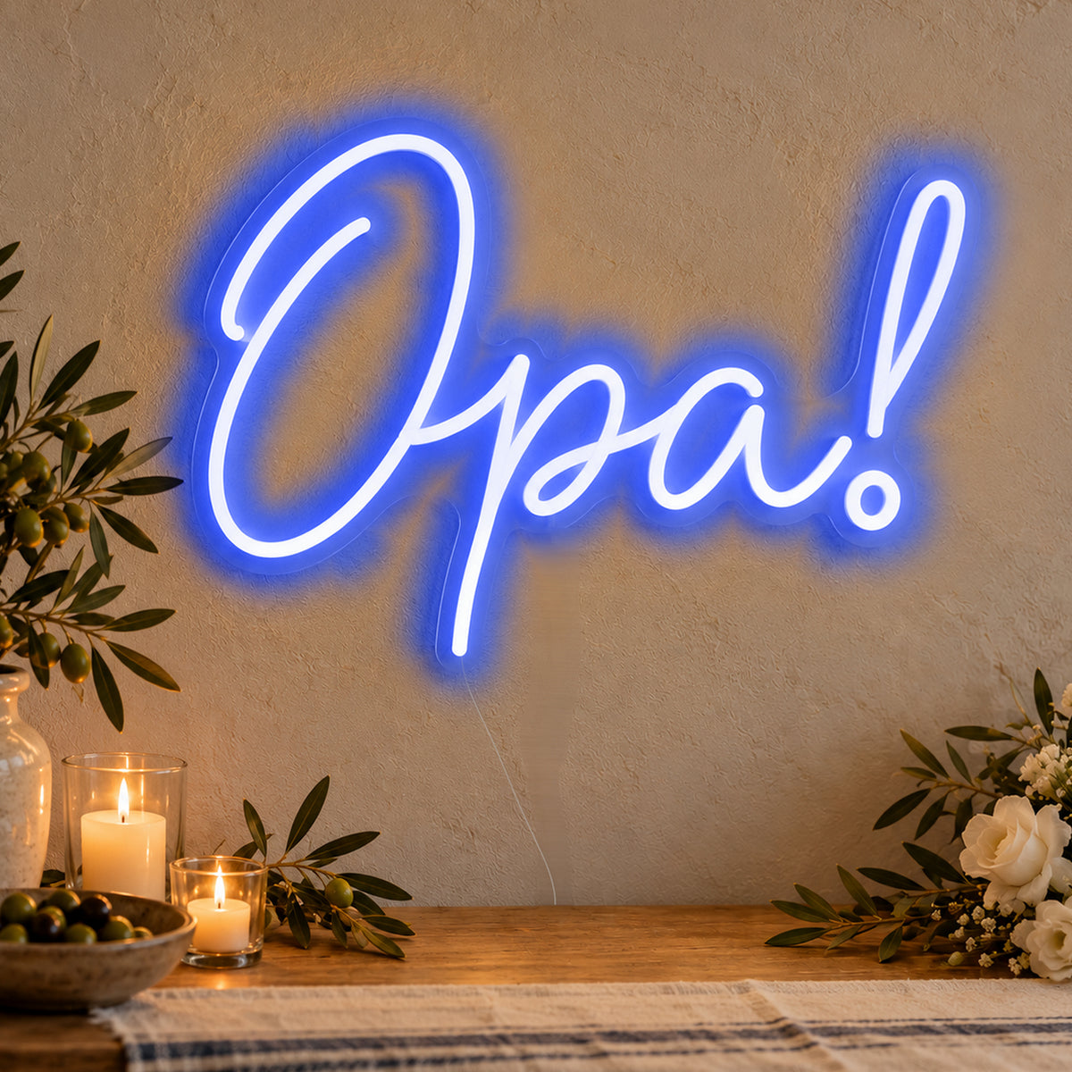 Opa Neon Sign in blue LED neon on clear acrylic, angled view