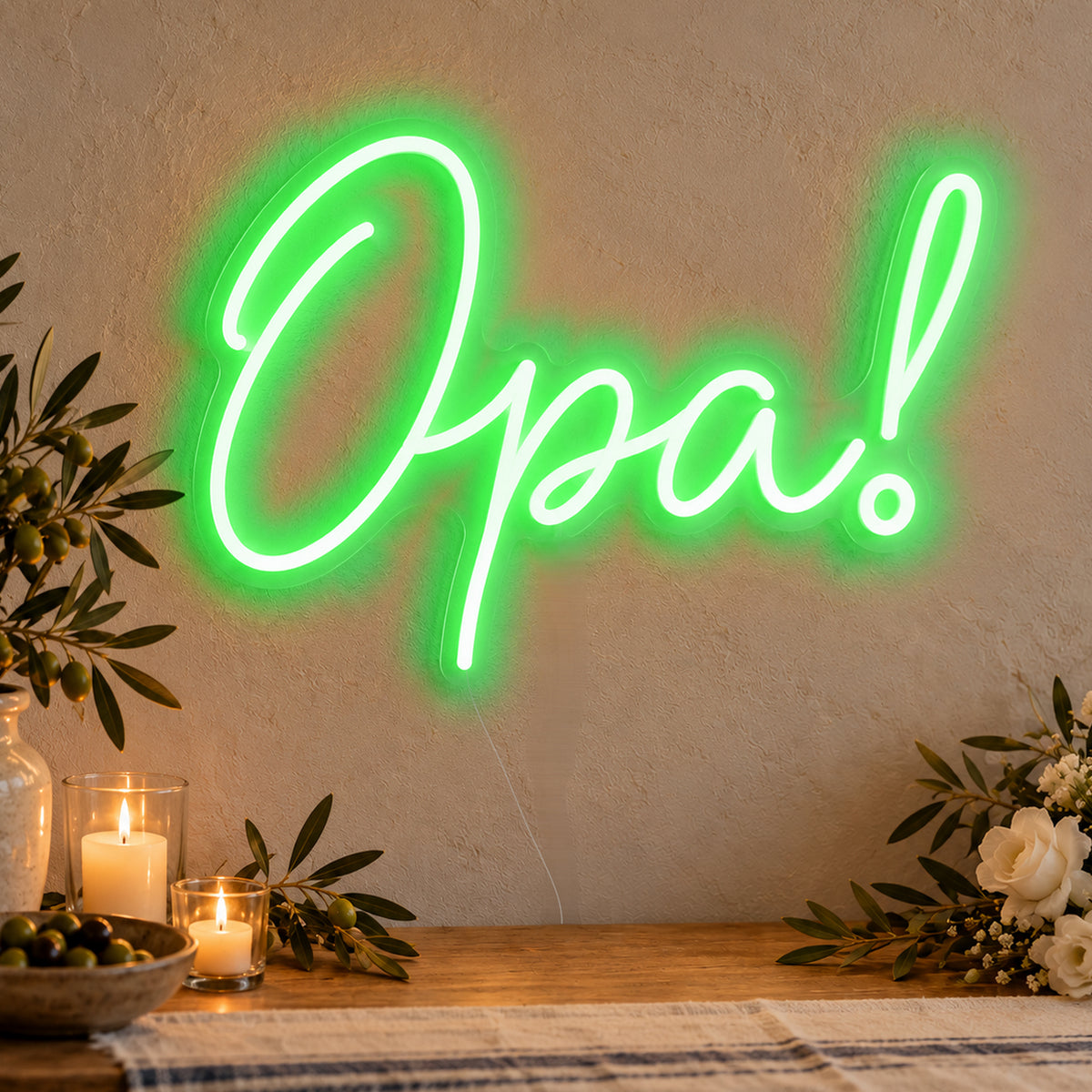 Opa Neon Sign in green LED neon on clear acrylic, angled view