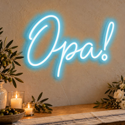 Opa Neon Sign in ice blue LED neon on clear acrylic, angled view