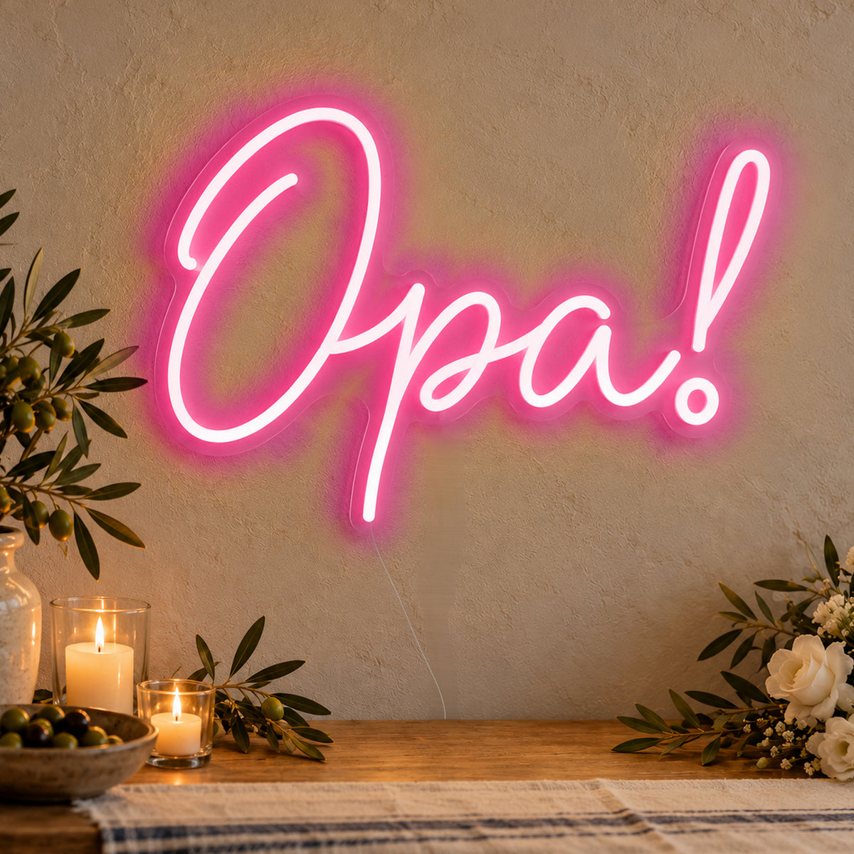 Opa Neon Sign in rose red LED neon on clear acrylic, angled view