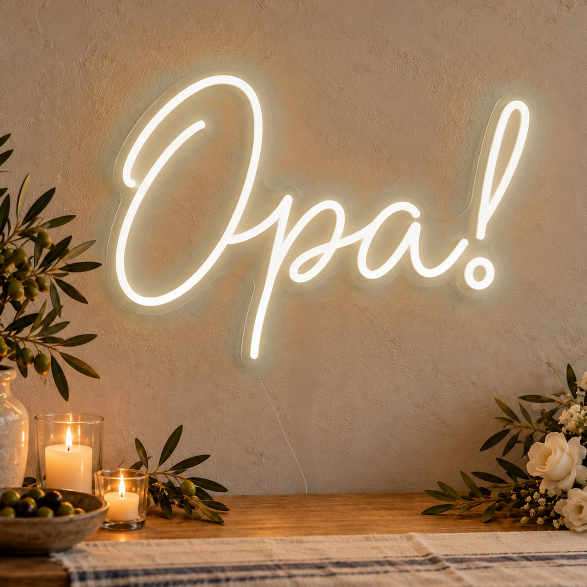 Opa Neon Sign in warm white LED neon on clear acrylic, angled view