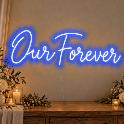 Our Forever Neon Sign in blue LED neon on clear acrylic, angled view