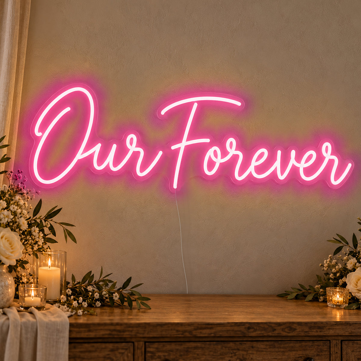Our Forever Neon Sign in rose red LED neon on clear acrylic, angled view