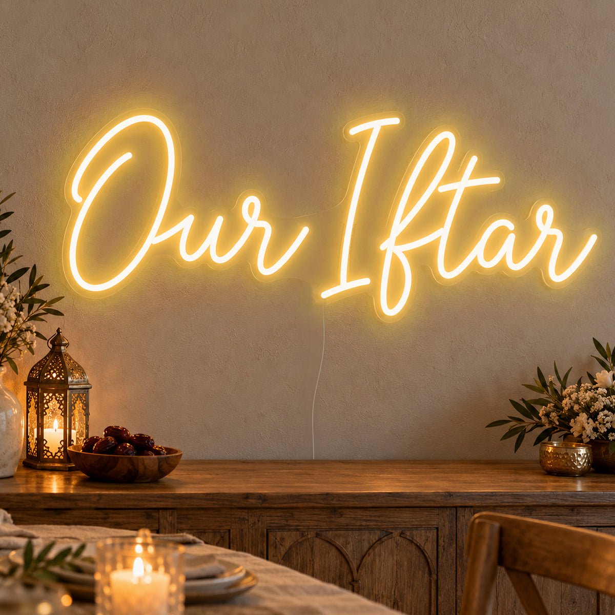 Our Iftar Neon Sign in gold LED neon on clear acrylic, angled view