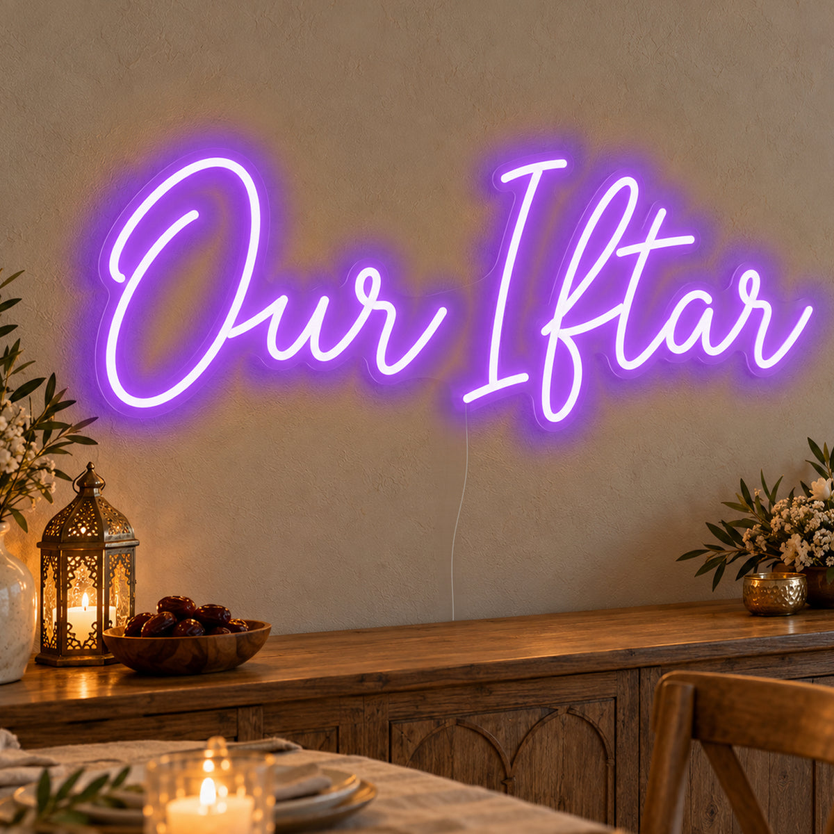 Our Iftar Neon Sign in purple LED neon on clear acrylic, angled view