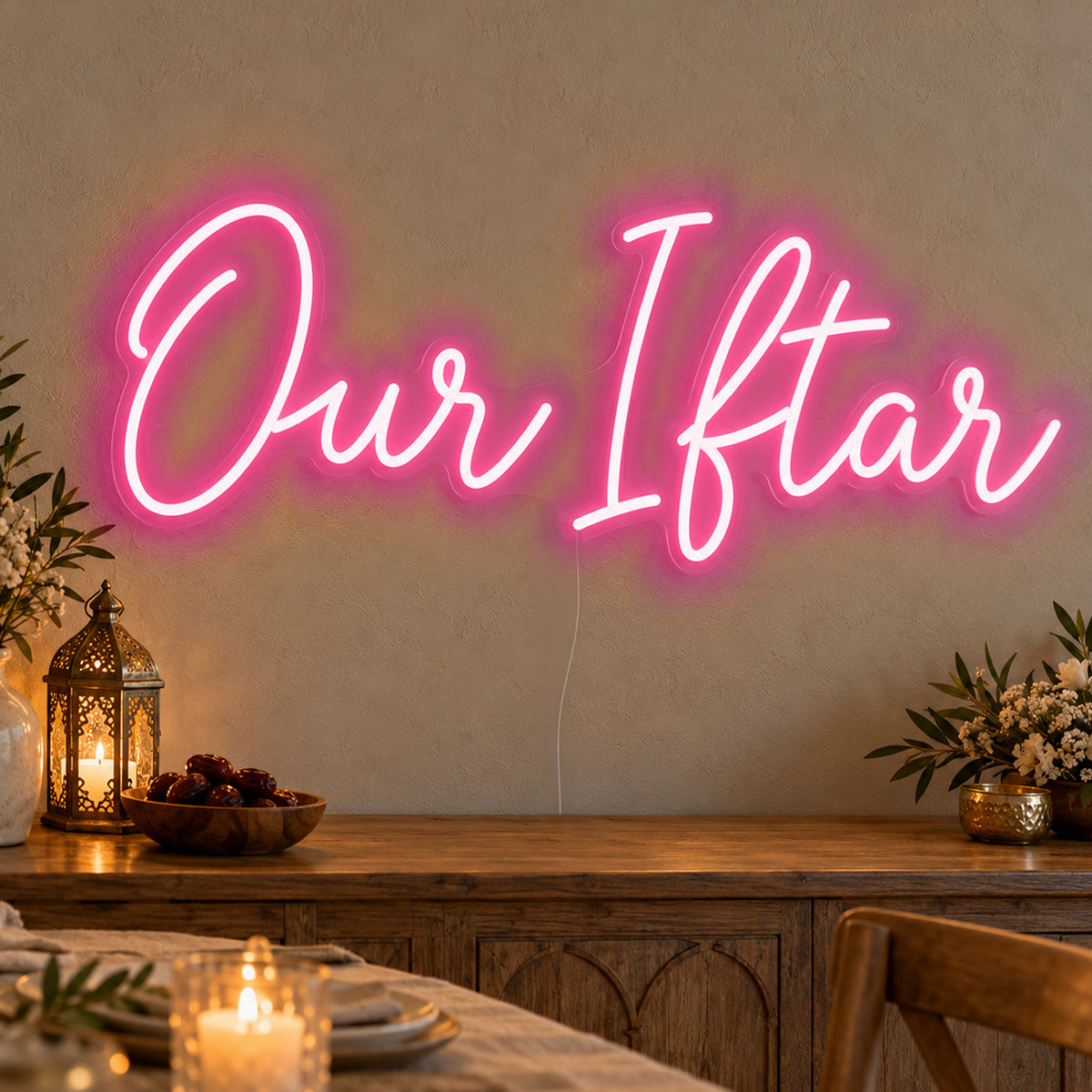 Our Iftar Neon Sign in rose red LED neon on clear acrylic, angled view