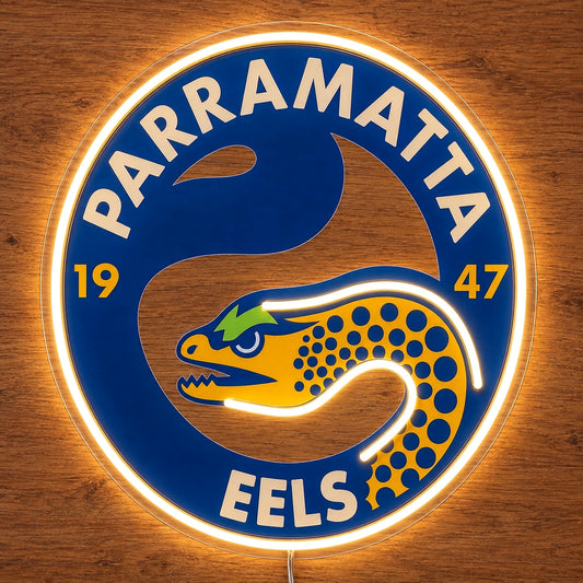 Parramatta Eels Neon Sign, featuring illuminated team logo on a wooden surface.