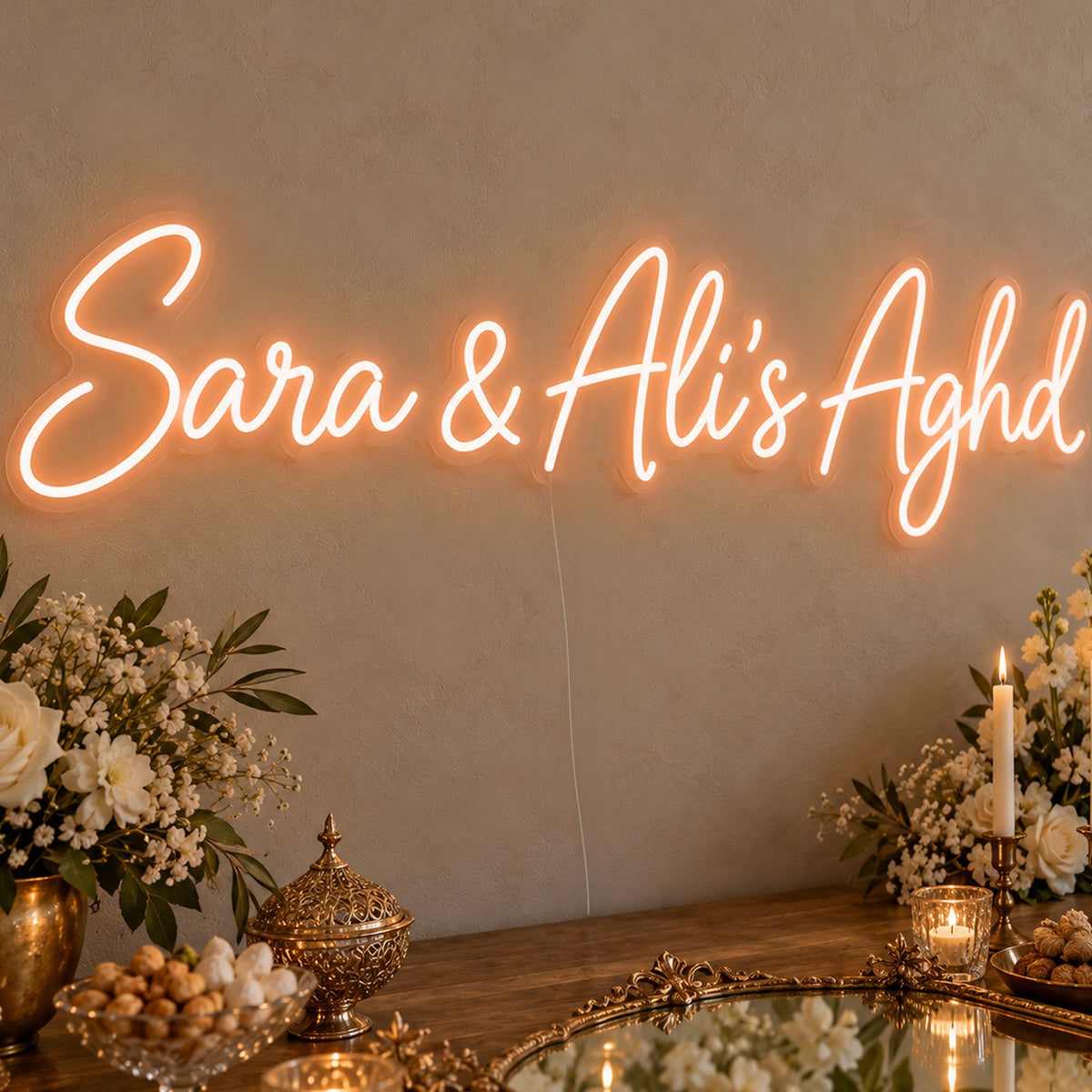Personalised Aghd Neon Sign in orange LED neon on clear acrylic, angled view
