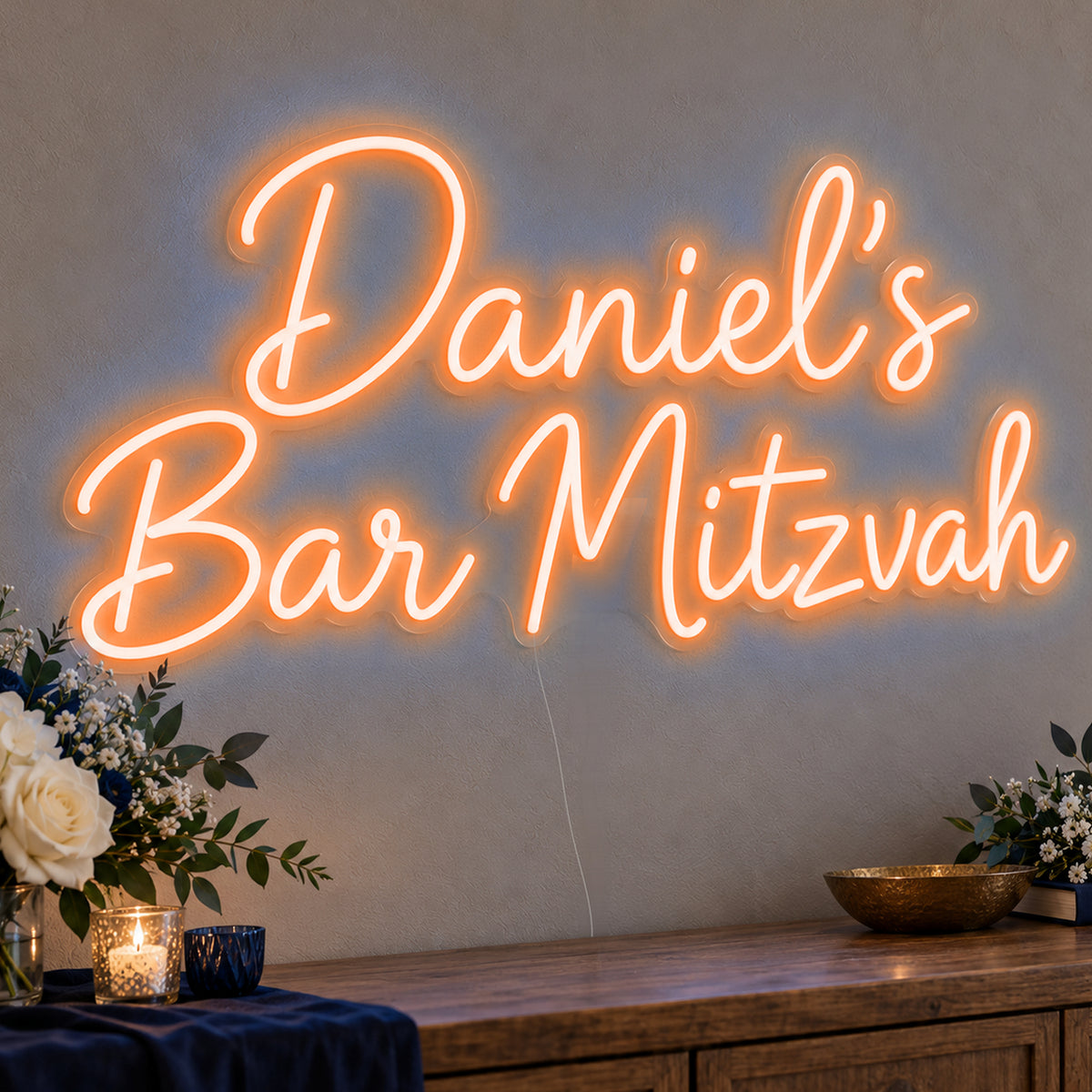 Personalised Bar Mitzvah Neon Sign in orange LED neon on clear acrylic, angled view