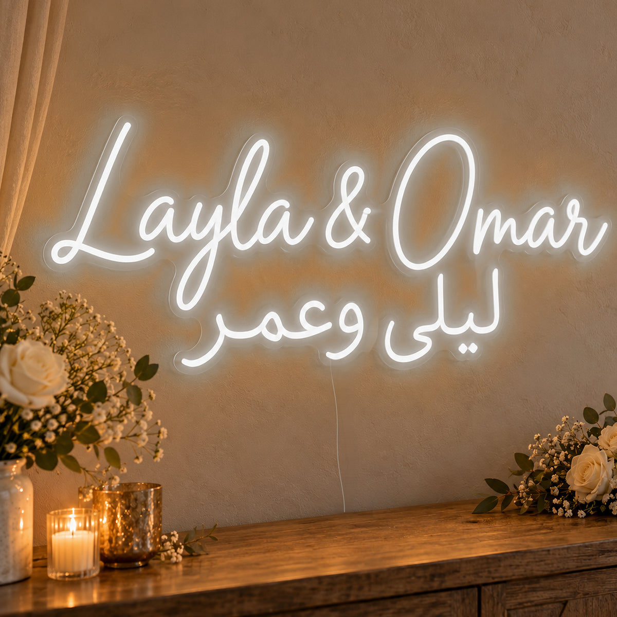 Personalised Bilingual Arabic English Names Neon Sign in white LED neon on clear acrylic, angled view