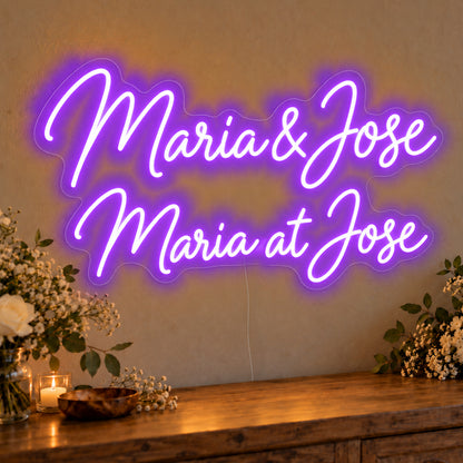 Personalised Bilingual Filipino Names Neon Sign in purple LED neon on clear acrylic, angled view