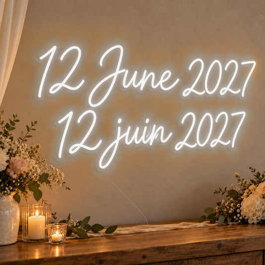 Personalised Bilingual Wedding Date Neon Sign in white LED neon on clear acrylic, angled view