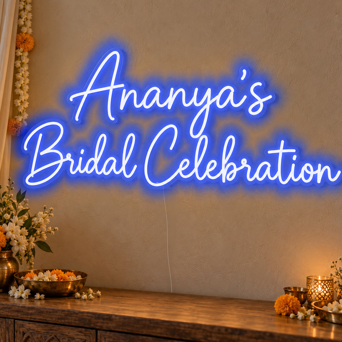 Personalised Bridal Celebration Neon Sign in blue LED neon on clear acrylic, angled view