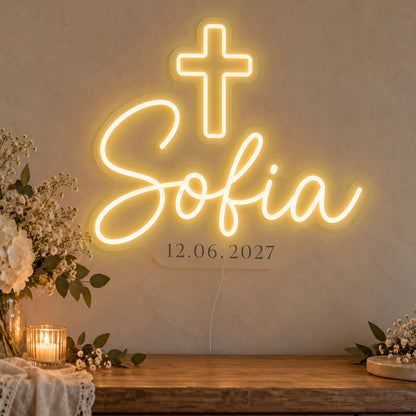 Personalised Cross Name Date Neon Sign in gold LED neon on clear acrylic, angled view
