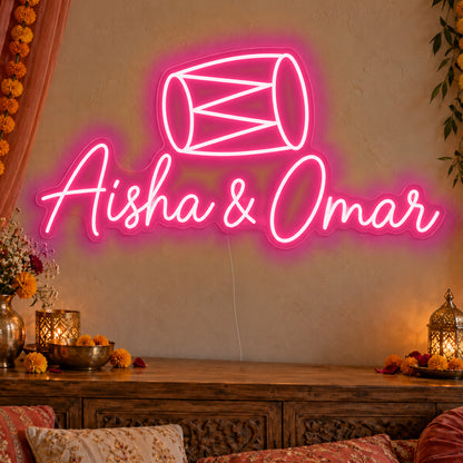 Personalised Dholki Drum Neon Sign in rose red LED neon on clear acrylic, angled view