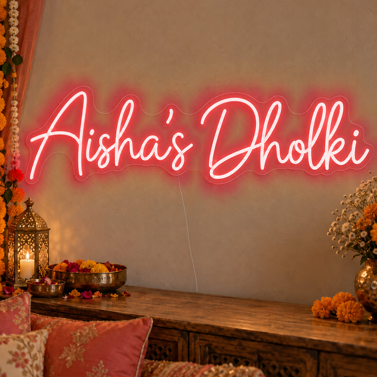 Personalised Dholki Neon Sign in red LED neon on clear acrylic, angled view