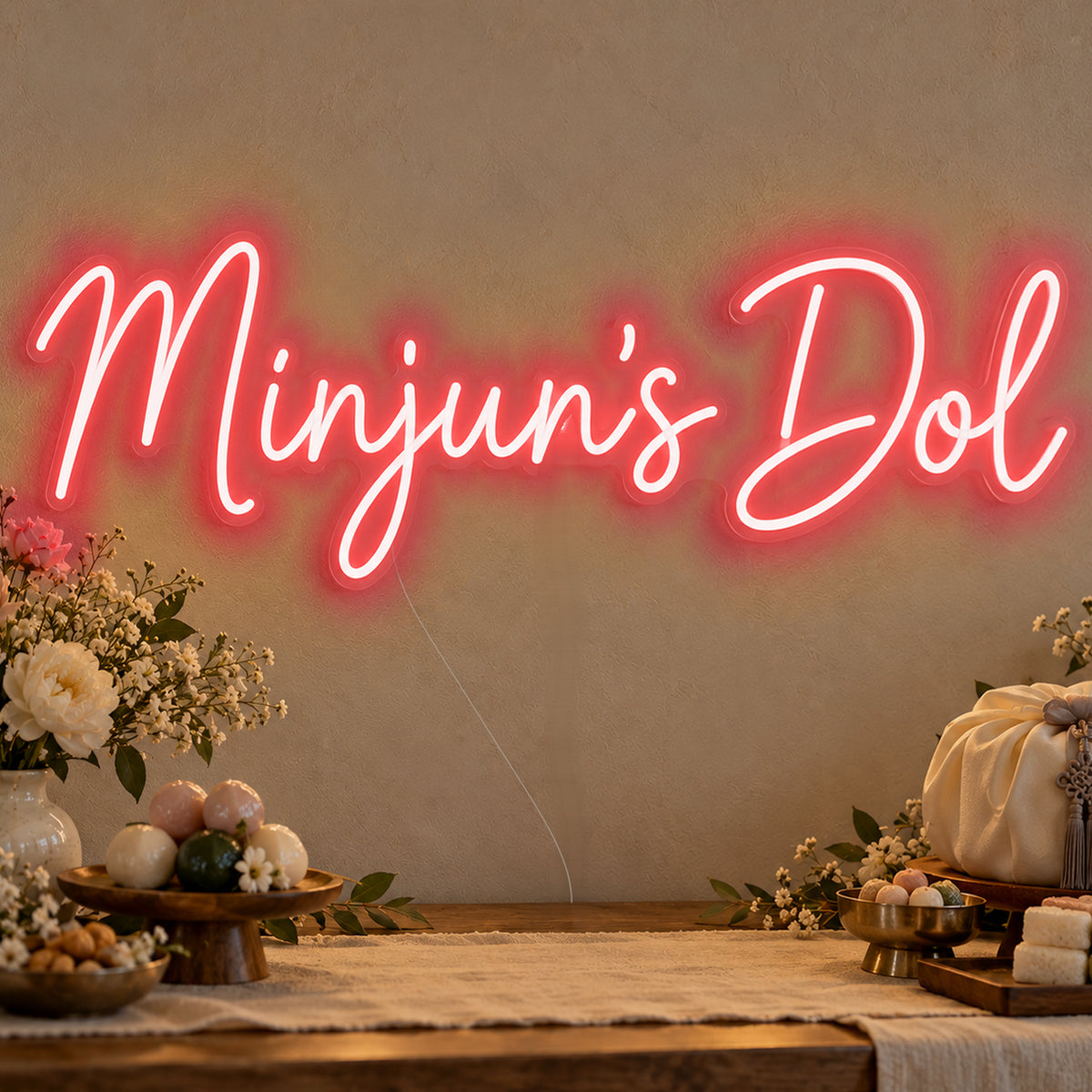 Personalised Dol Neon Sign in red LED neon on clear acrylic, angled view