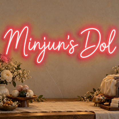 Personalised Dol Neon Sign in red LED neon on clear acrylic, angled view