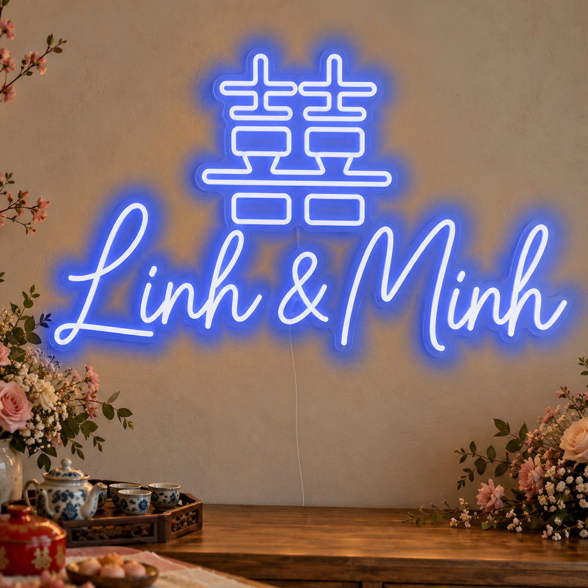 Personalised Double Happiness Vietnamese Names Neon Sign in blue LED neon on clear acrylic, angled view