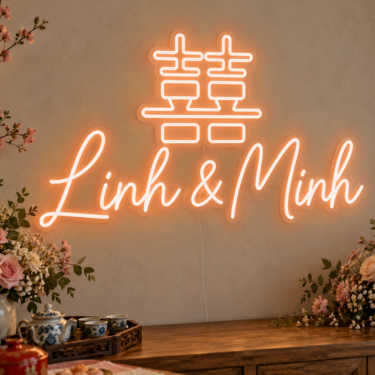 Personalised Double Happiness Vietnamese Names Neon Sign in orange LED neon on clear acrylic, angled view