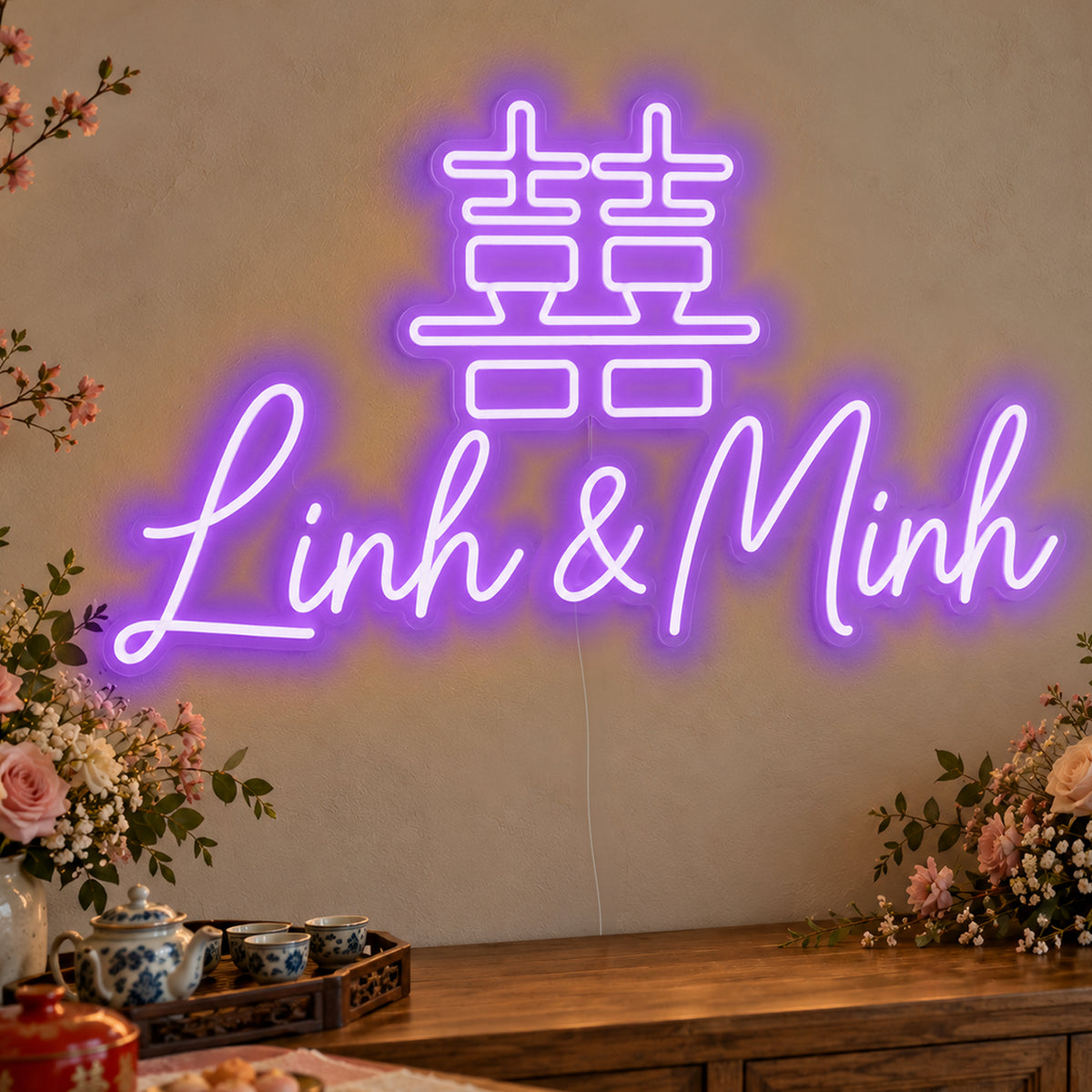 Personalised Double Happiness Vietnamese Names Neon Sign in purple LED neon on clear acrylic, angled view