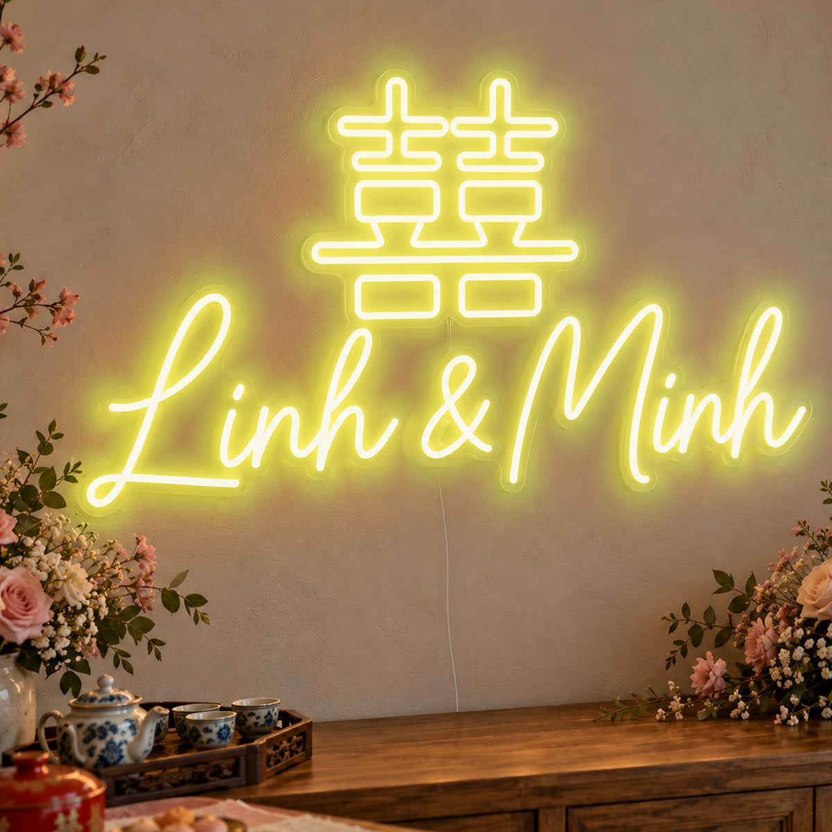Personalised Double Happiness Vietnamese Names Neon Sign in yellow LED neon on clear acrylic, angled view