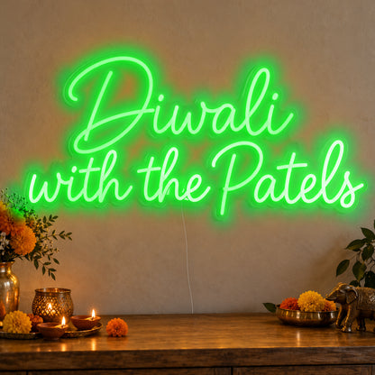 Personalised Family Diwali Neon Sign in green LED neon on clear acrylic, angled view