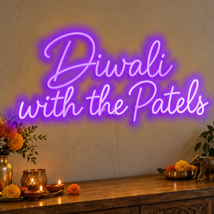 Personalised Family Diwali Neon Sign in purple LED neon on clear acrylic, angled view