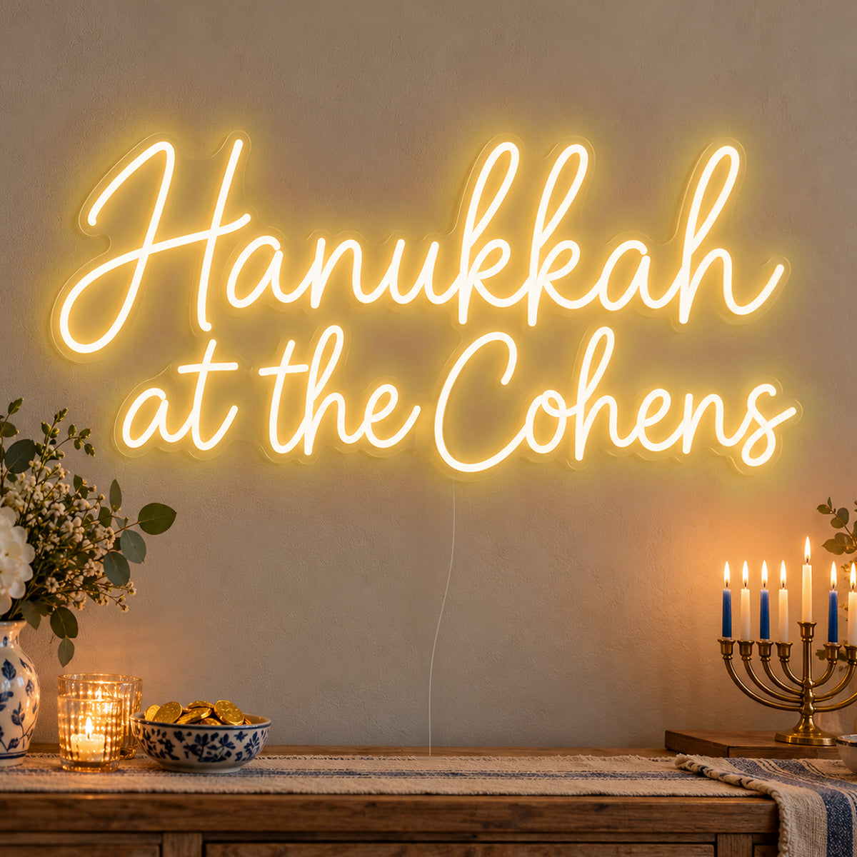 Personalised Family Hanukkah Neon Sign in gold LED neon on clear acrylic, angled view
