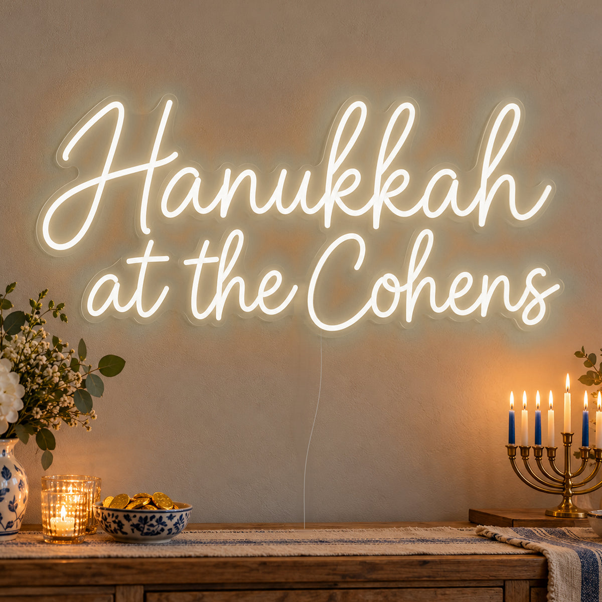 Personalised Family Hanukkah Neon Sign in warm white LED neon on clear acrylic, angled view