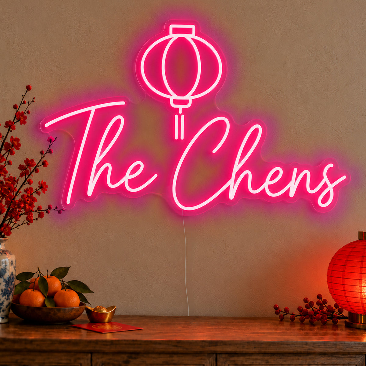 Personalised Family Lantern Neon Sign in rose red LED neon on clear acrylic, angled view