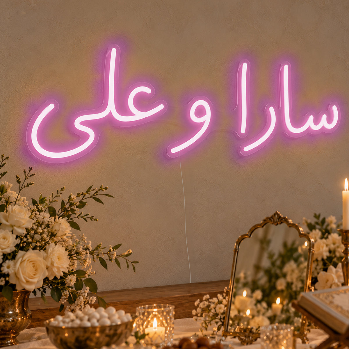 Personalised Farsi Couple Names Neon Sign in pink LED neon on clear acrylic, angled view