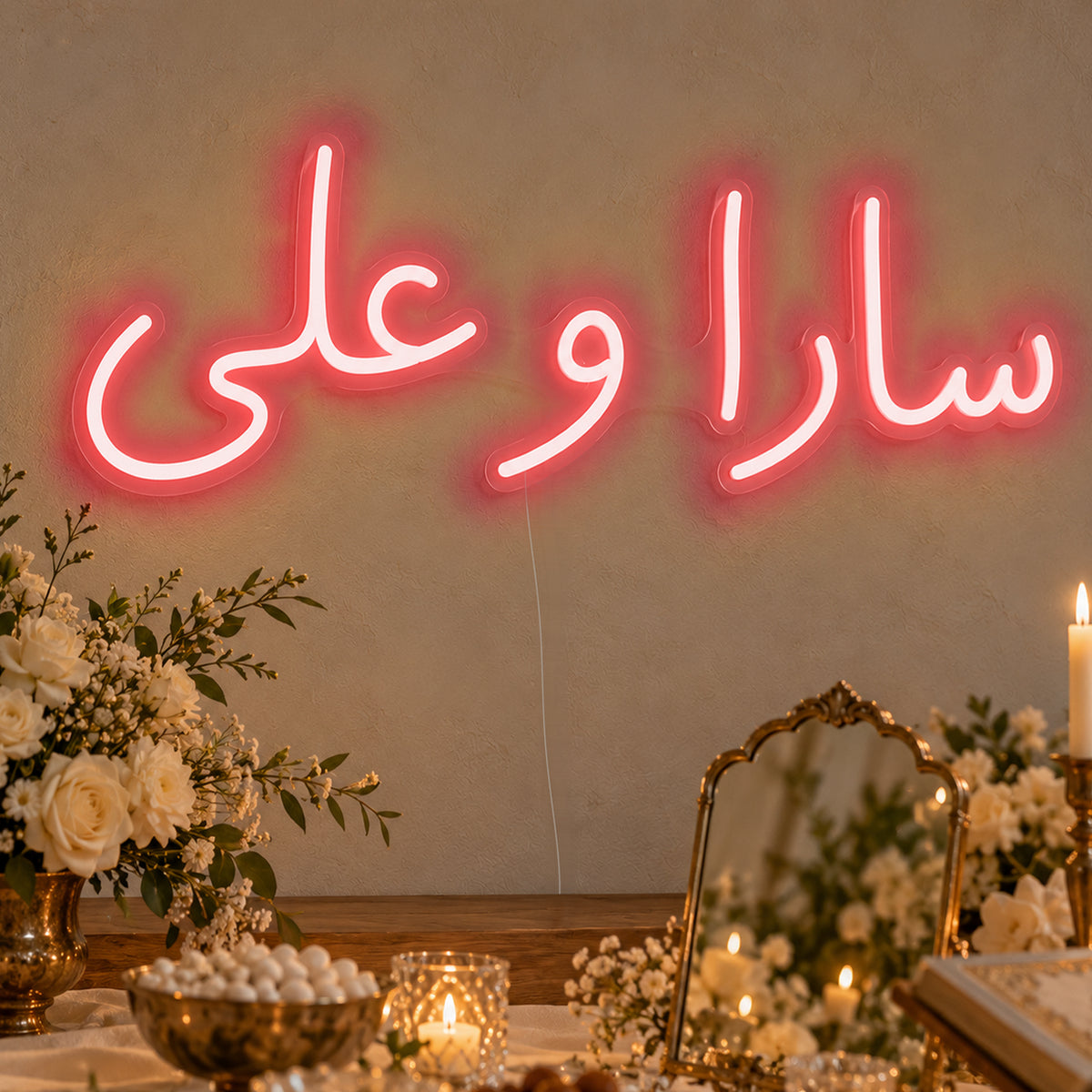 Personalised Farsi Couple Names Neon Sign in red LED neon on clear acrylic, angled view