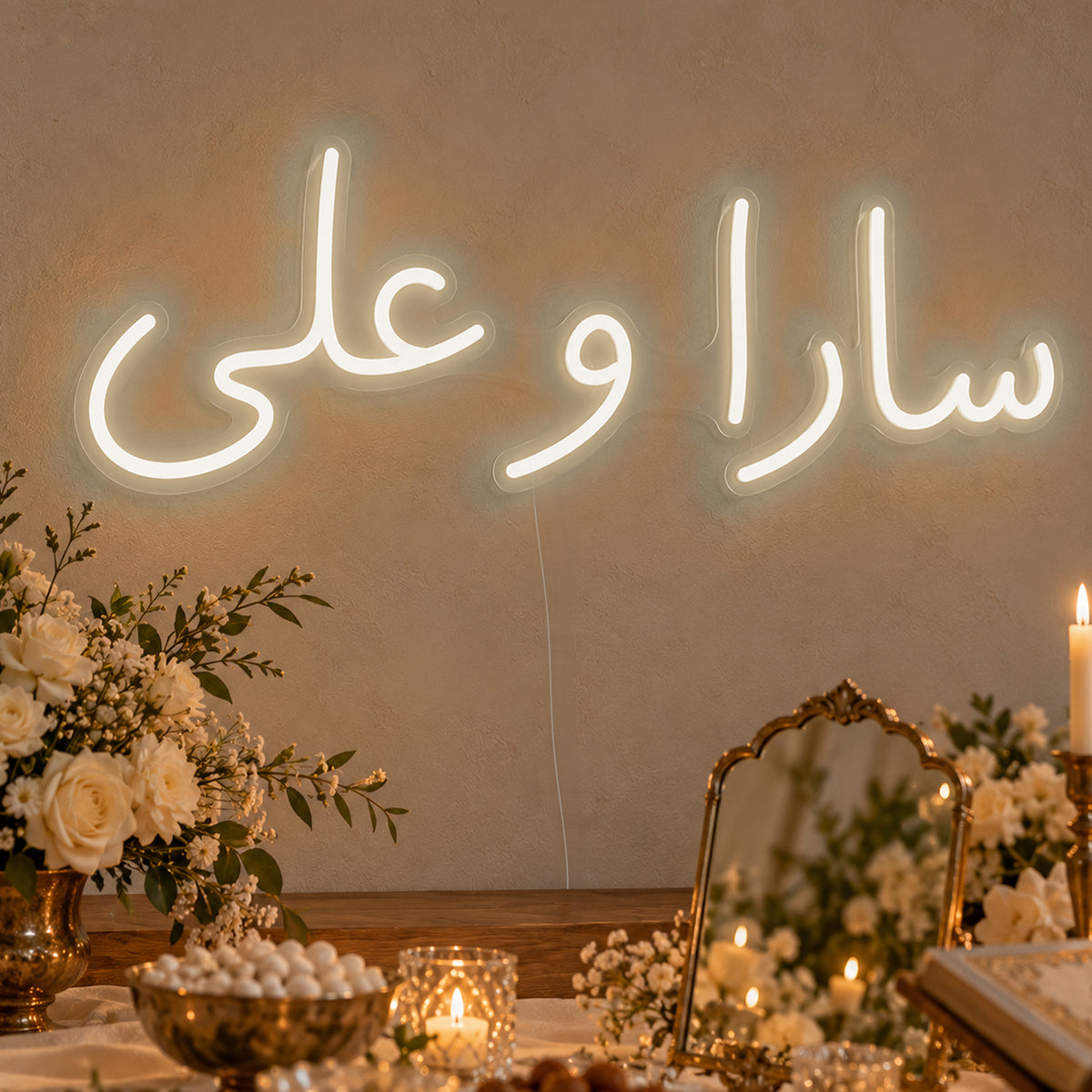 Personalised Farsi Couple Names Neon Sign in warm white LED neon on clear acrylic, angled view
