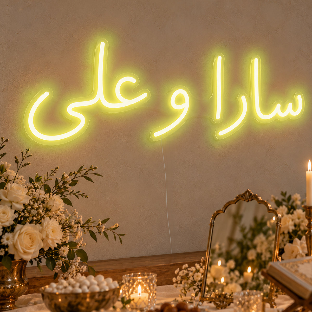 Personalised Farsi Couple Names Neon Sign in yellow LED neon on clear acrylic, angled view