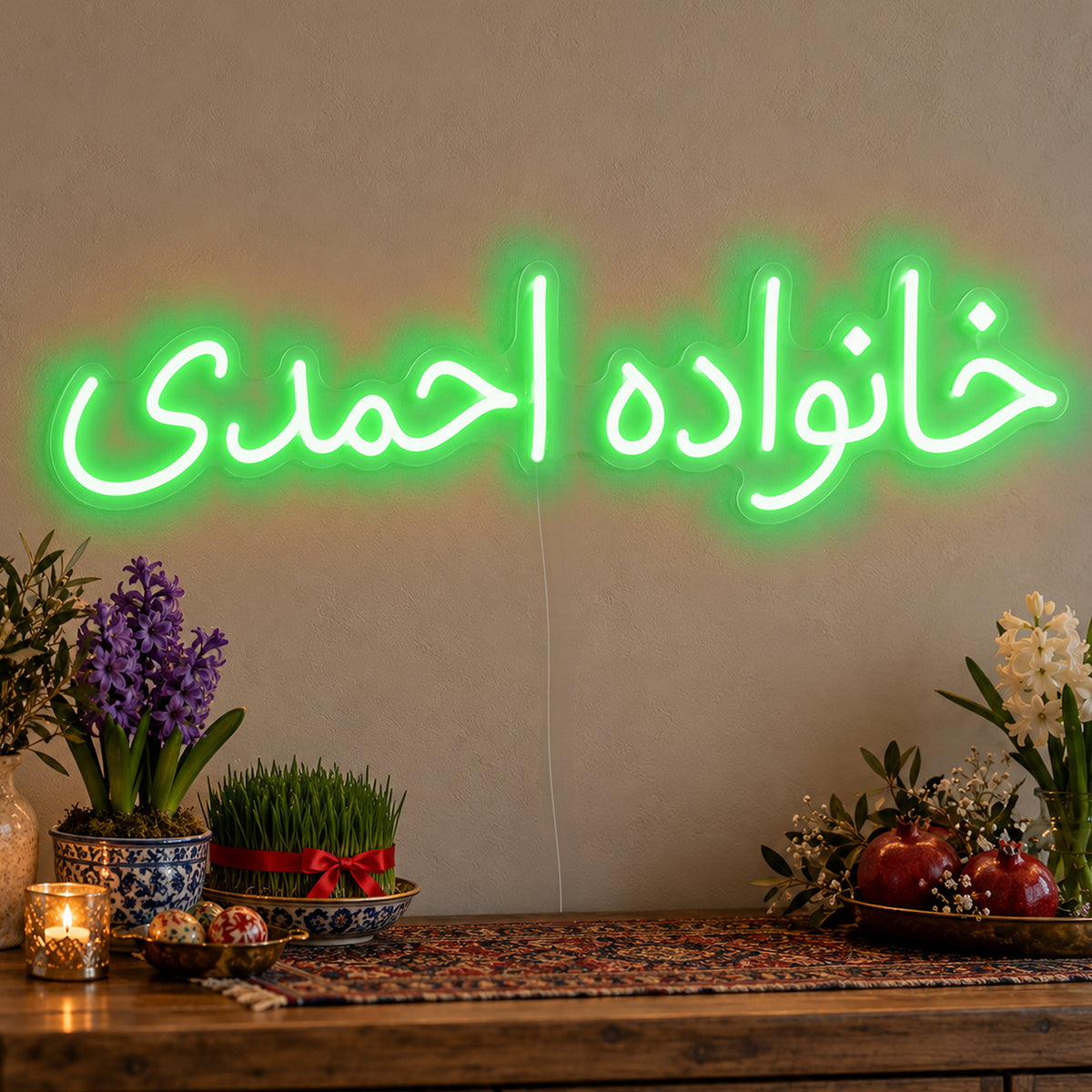 Personalised Farsi Family Name Neon Sign in green LED neon on clear acrylic, angled view
