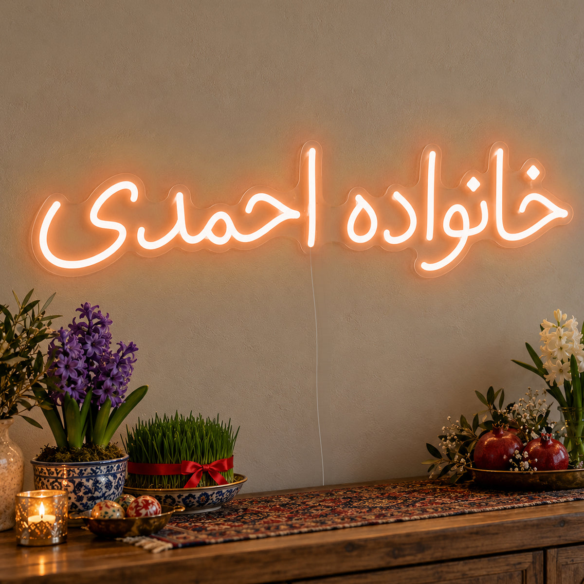 Personalised Farsi Family Name Neon Sign in orange LED neon on clear acrylic, angled view