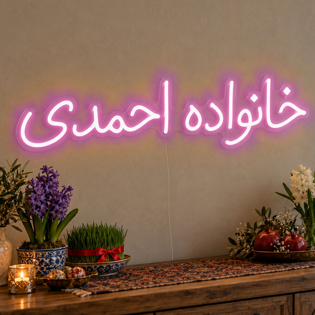 Personalised Farsi Family Name Neon Sign in pink LED neon on clear acrylic, angled view