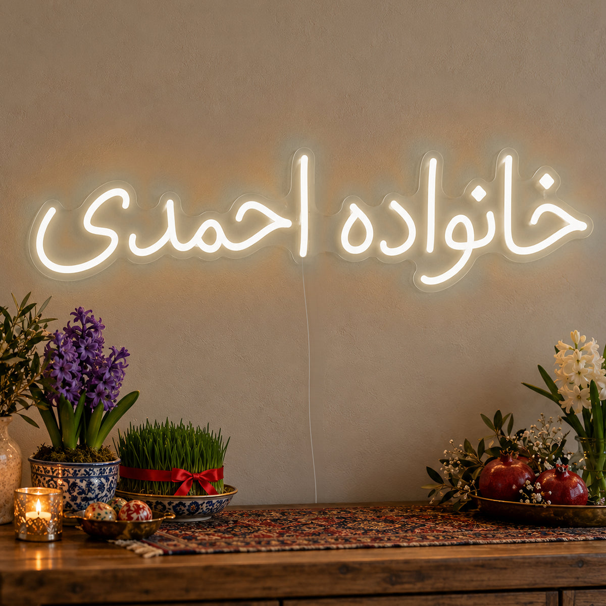 Personalised Farsi Family Name Neon Sign in warm white LED neon on clear acrylic, angled view