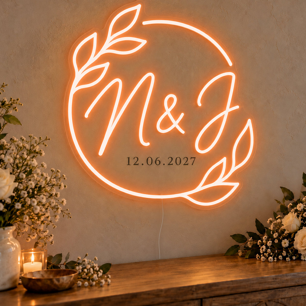 Personalised Filipino Wedding Monogram Neon Sign in orange LED neon on clear acrylic, angled view