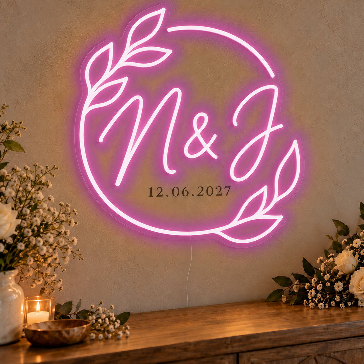 Personalised Filipino Wedding Monogram Neon Sign in pink LED neon on clear acrylic, angled view