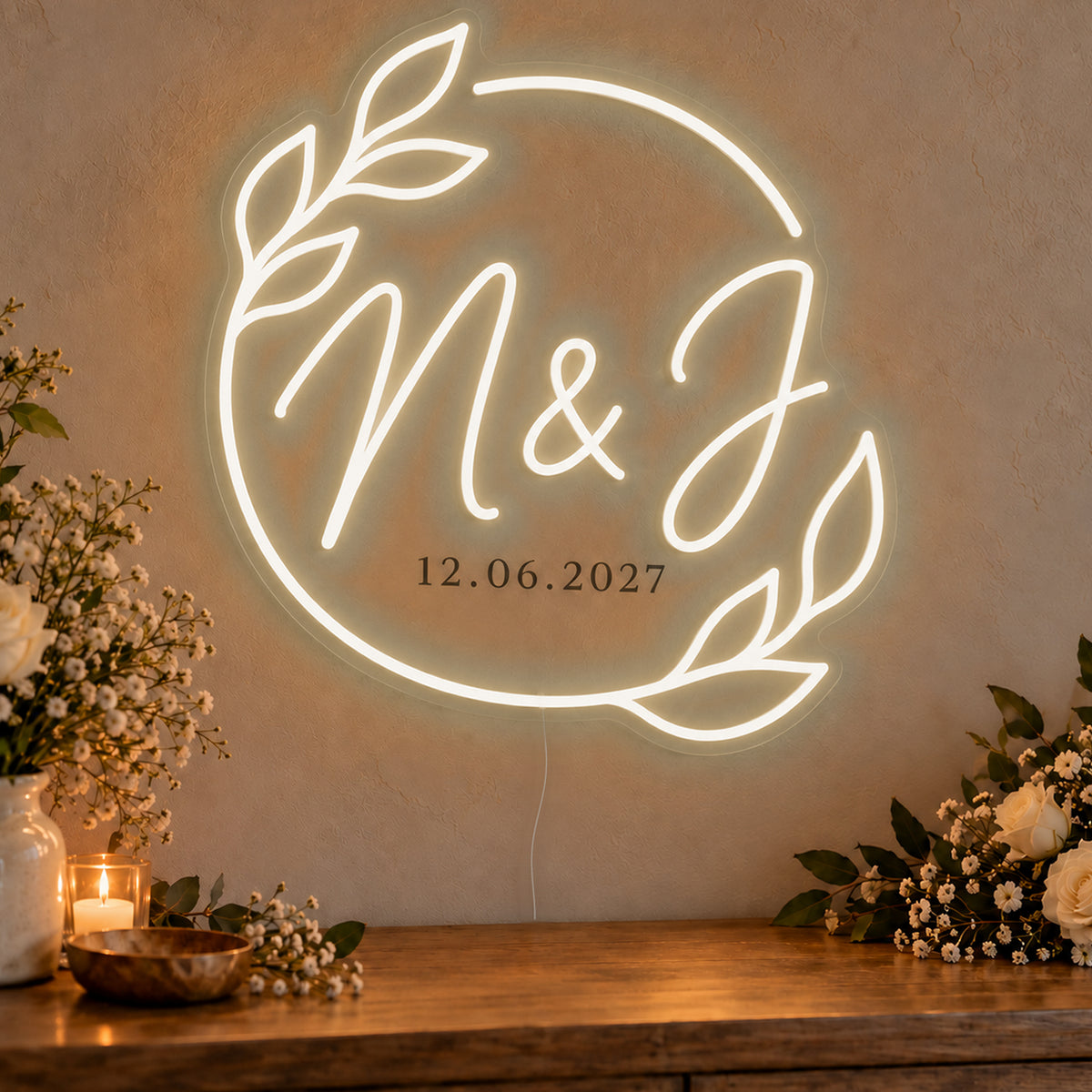 Personalised Filipino Wedding Monogram Neon Sign in warm white LED neon on clear acrylic, angled view