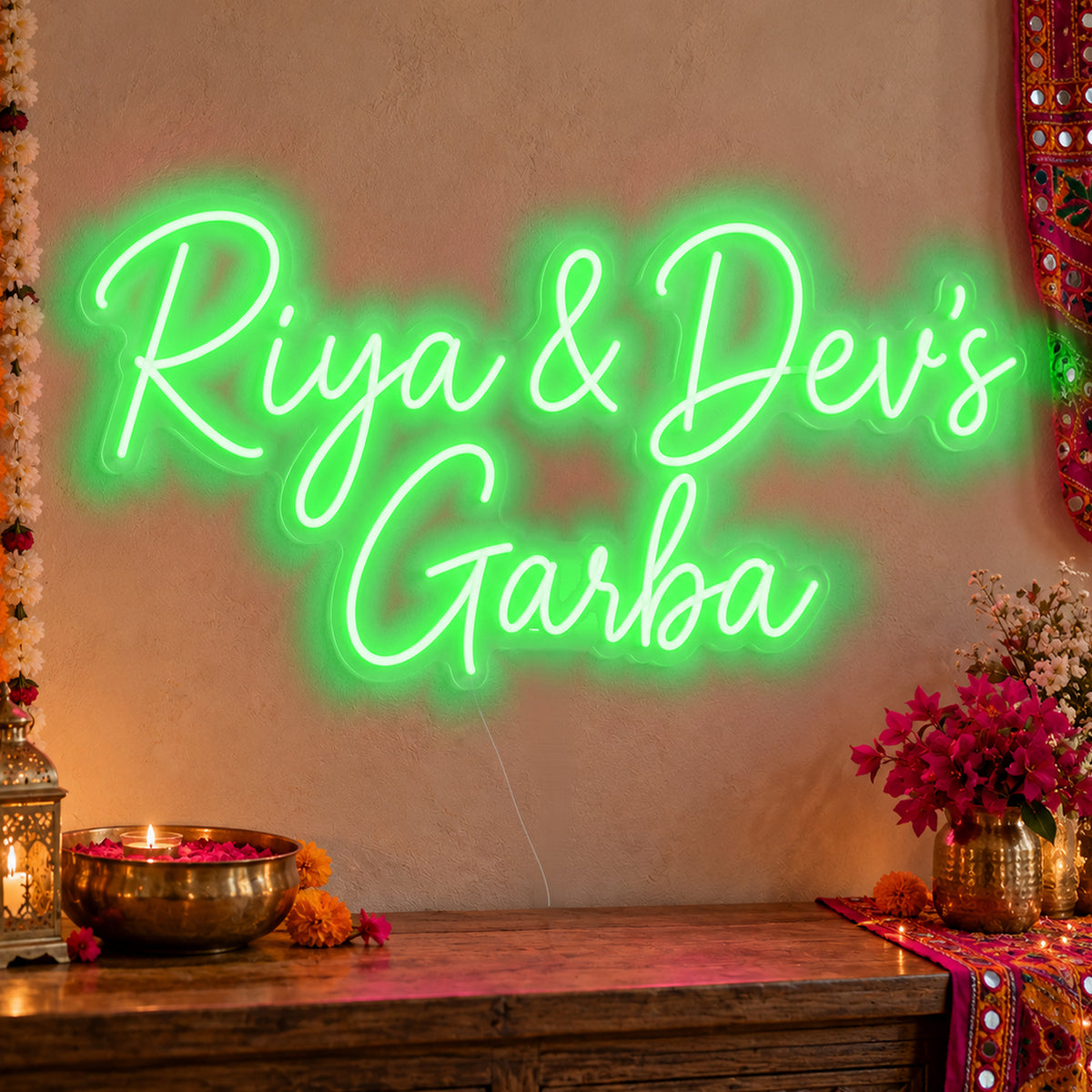 Personalised Garba Neon Sign in green LED neon on clear acrylic, angled view