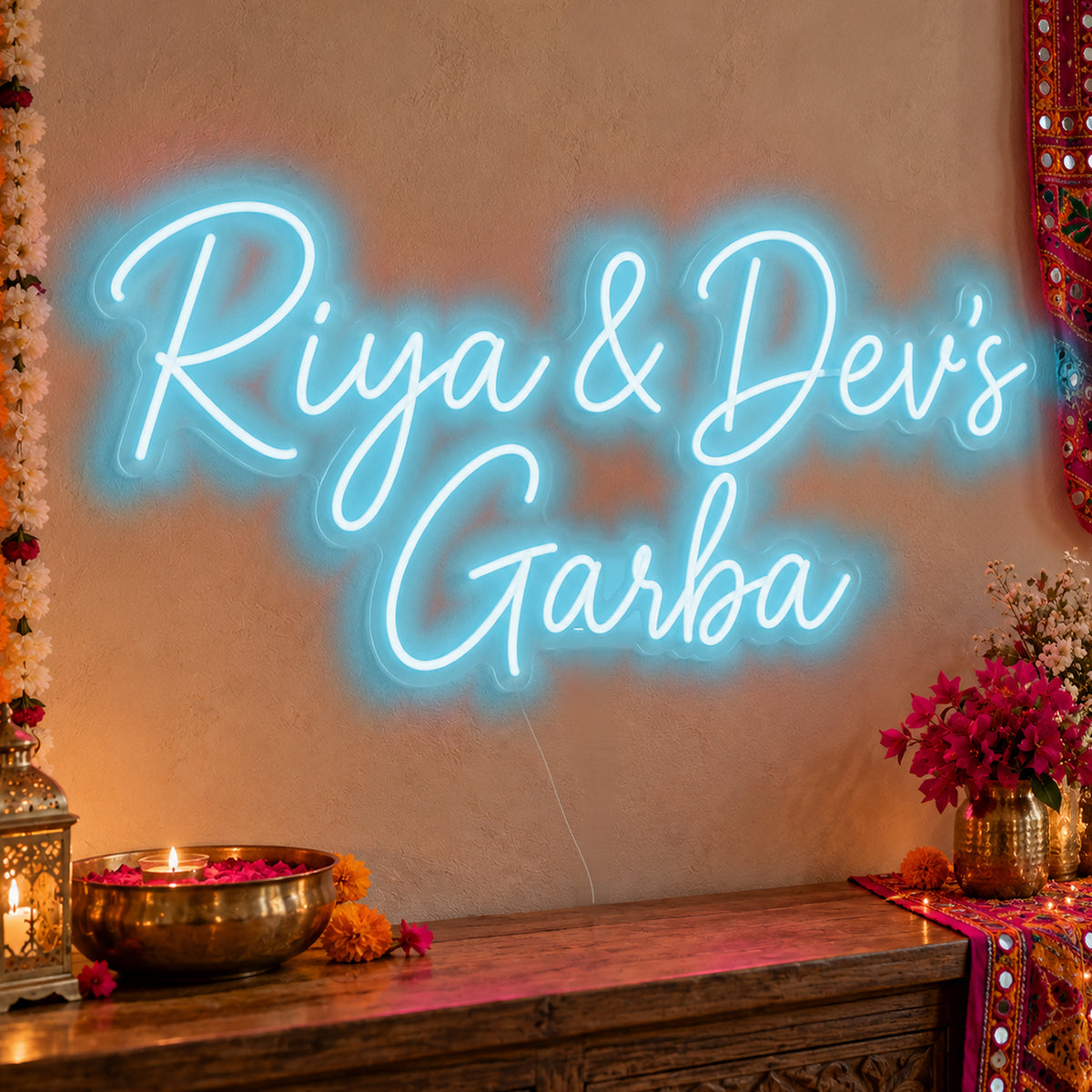 Personalised Garba Neon Sign in ice blue LED neon on clear acrylic, angled view
