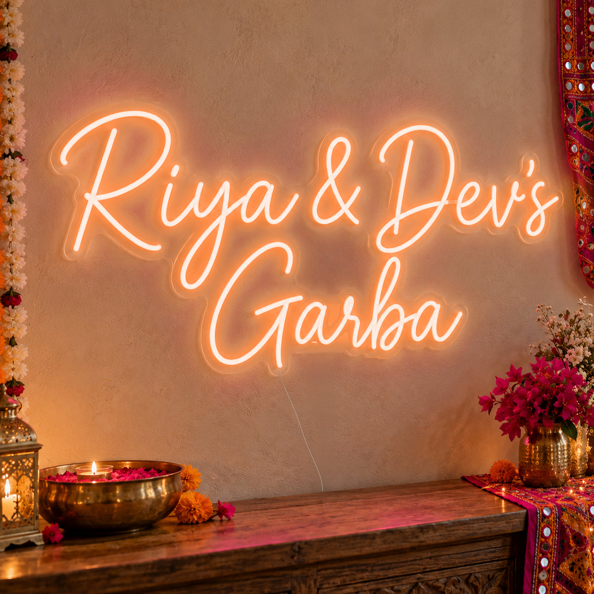 Personalised Garba Neon Sign in orange LED neon on clear acrylic, angled view