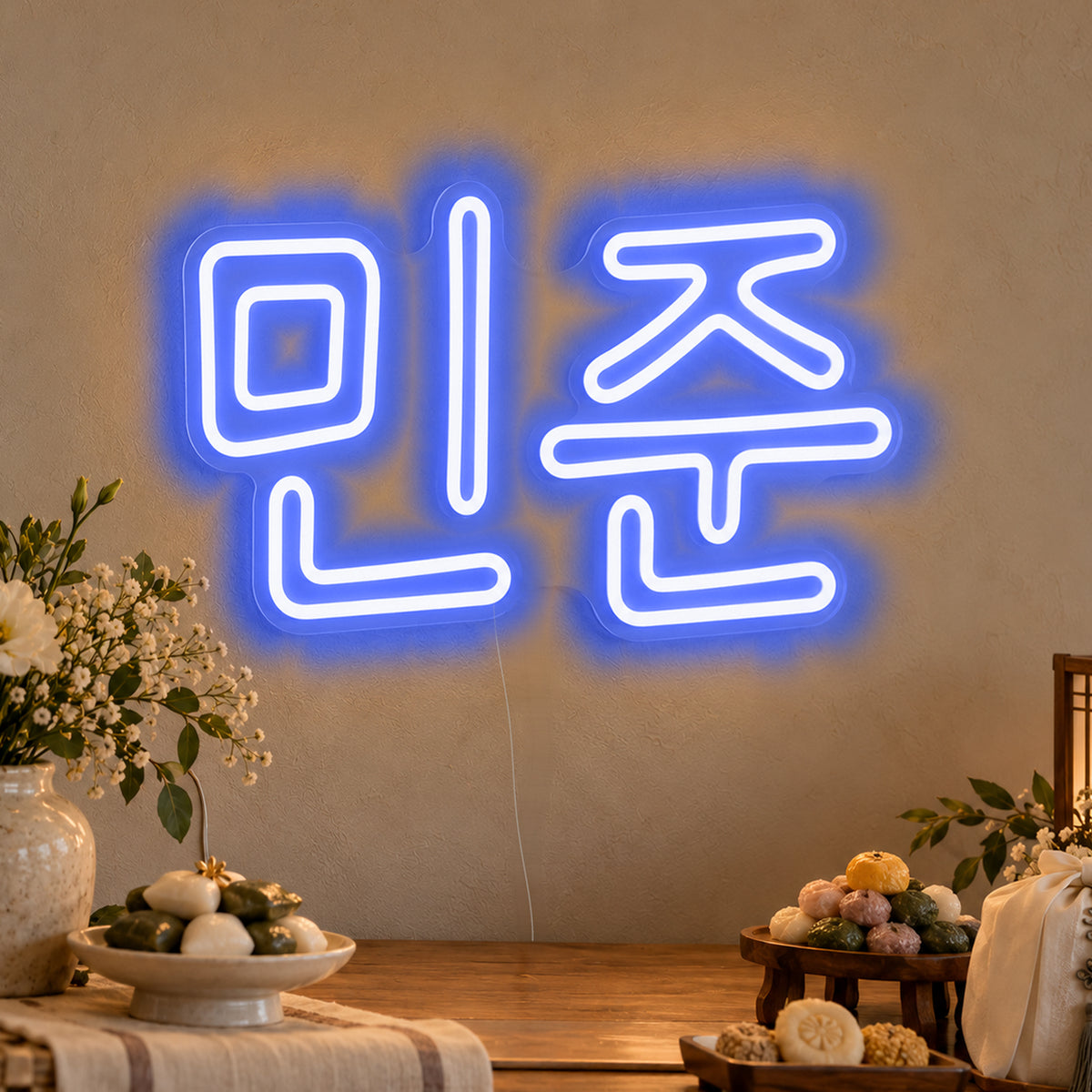 Personalised Hangul Name Neon Sign in blue LED neon on clear acrylic, angled view