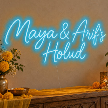 Personalised Holud Neon Sign in ice blue LED neon on clear acrylic, angled view