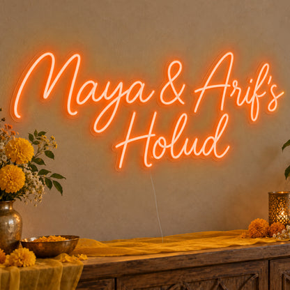 Personalised Holud Neon Sign in orange LED neon on clear acrylic, angled view