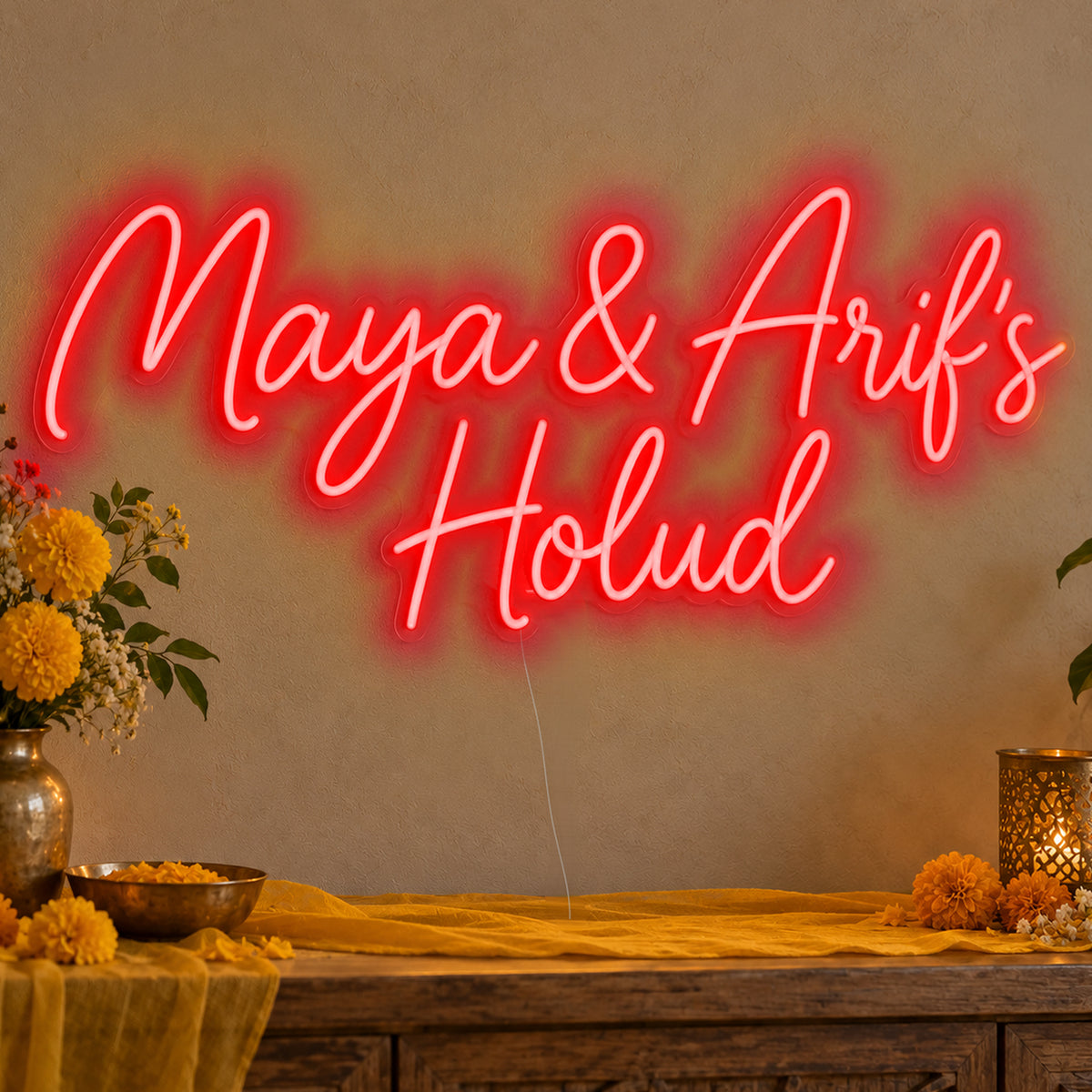 Personalised Holud Neon Sign in red LED neon on clear acrylic, angled view
